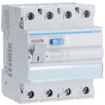 Hager Ρελέ Διαρροής AC 30mA 40A 4P (CDC742H)
